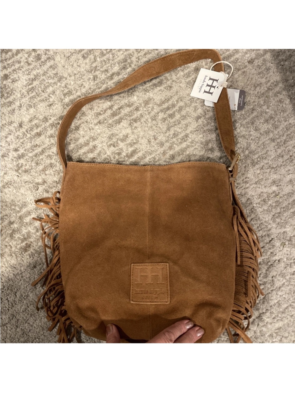 Haute Hippie Fringe Genuine Suede Bucket Bag Purse LT BROWN Gold Hardware NWT